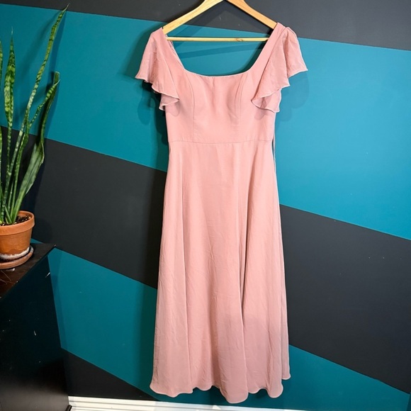 Azazie Bondi Pink Maxi Gown Rosette A-Line Ruffled Chiffon Dress size A6 - Picture 8 of 16